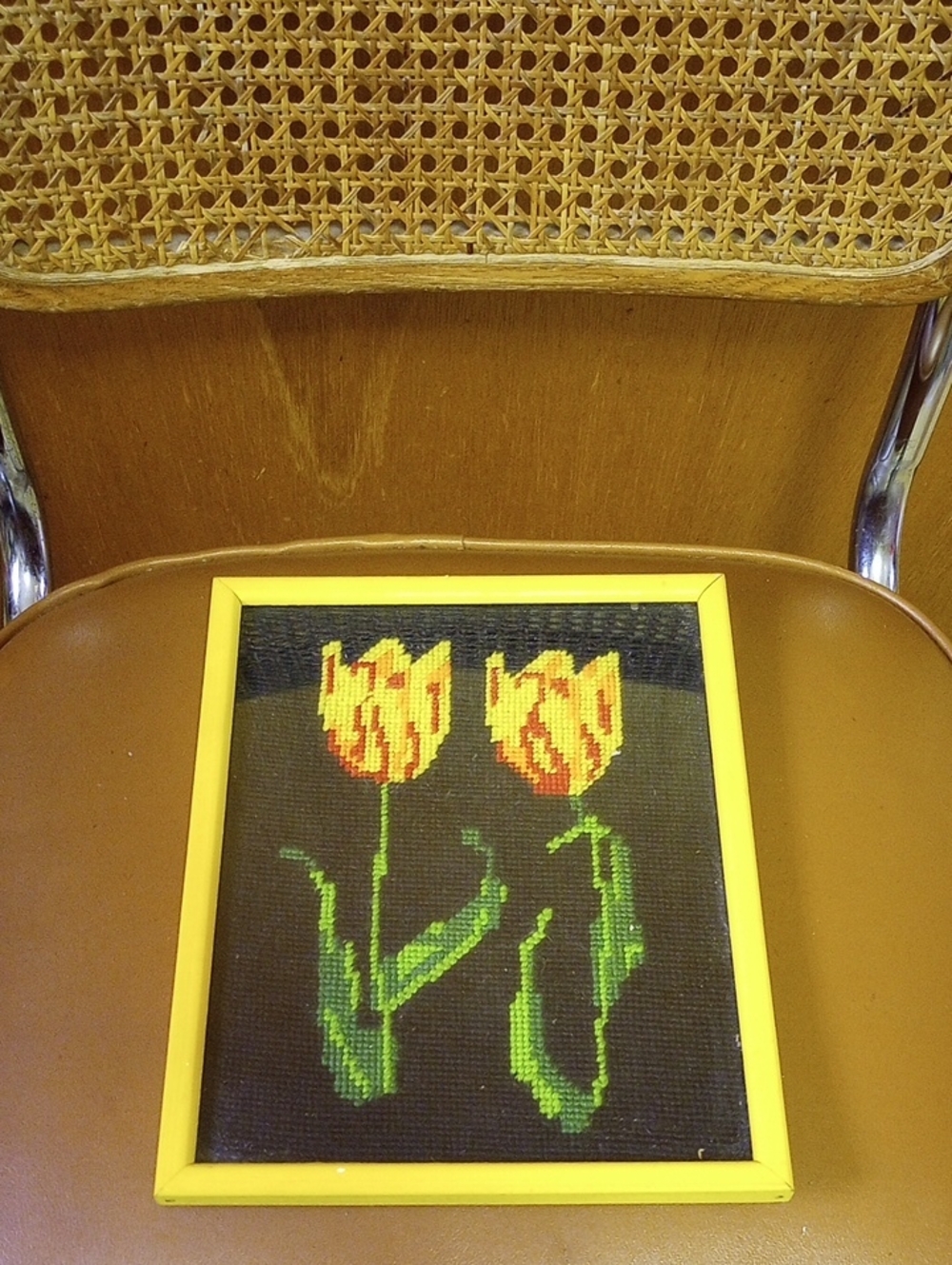Tulip Completed Needlepoint Vintage Sampler in Colorful Yellow Frame w/ Glass